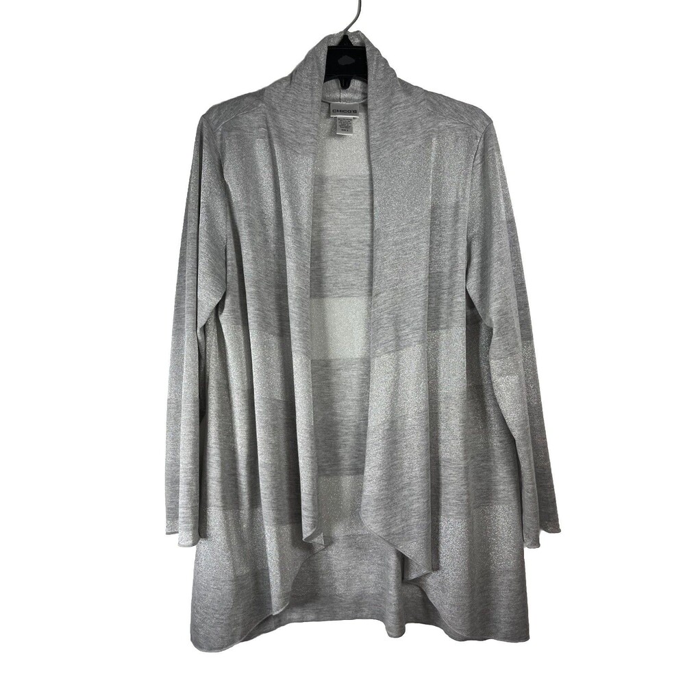 Chicos Grey Silver Knit Cardigan Metallic Metal Tone 2 Large Sweater